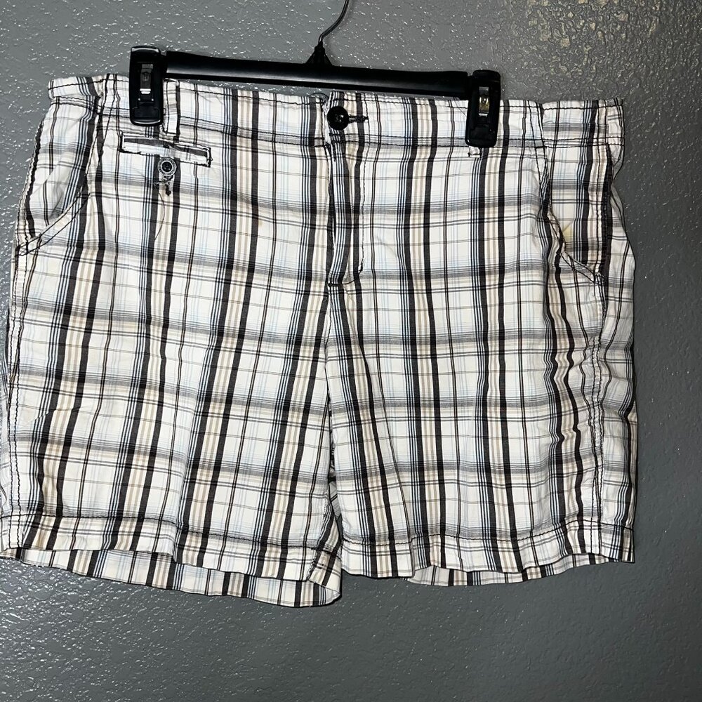 Faded Glory Plaid Cargo Shorts Brown White Casual Summer Comfort